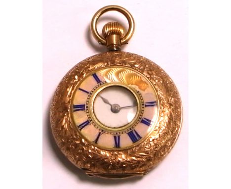 Omega; a 10ct gold ladies half hunter fob watch, case with enamel numerals (af), dial measures 3cm.