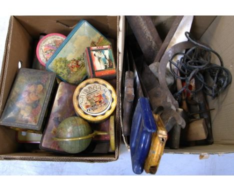 A quantity of tools, tins and an early 20th century metalware table globe etc.