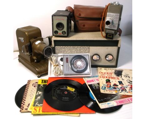 A Rexina camera, a 8mm cine camera, a box camera and timer, a 1960s Civic portable record player and a small quantity of reco