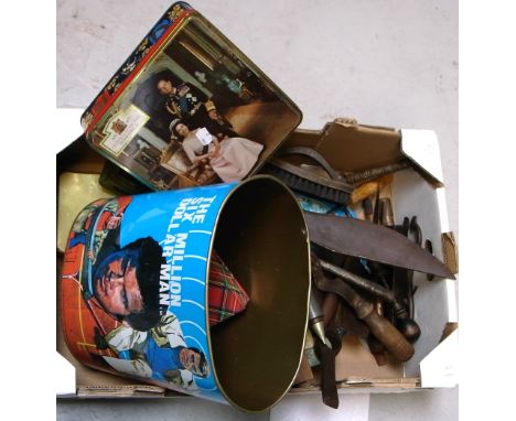A quantity of tools to include a soldering iron and an early screwdriver and a quantity of 20th century tins.