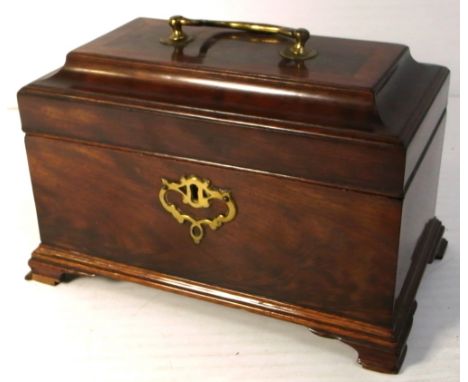A 19th century rosewood tea caddy with brass carrying handle, escutcheon and original interior canisters on bracket feet.
