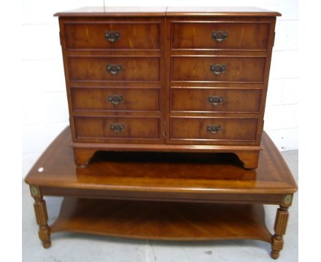 A reproduction cabinet, one cupboard door and a lift up lid with shelves to one side and a marquetry coffee table on fluted l