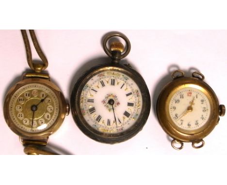 A 9ct gold ladies wristwatch, dial set with Arabic numerals on a cordette strap, also a further similar example with a  green