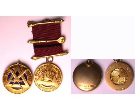 Two silver gilt Masonic medals for G.R. Lee, one enamel on silver gilt for the West Lancashire Lodge, approx weight 2.6ozt.
