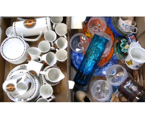 A quantity of ceramics and glassware comprising a Poole plate, a quantity of Meakin teaware, a blue Whitefriars style glass v