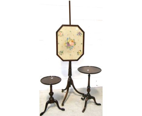 A Victorian mahogany pole screen with silk and embroidered inset on tripod support and two occasional tables (3).