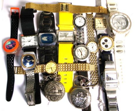 A quantity of fashion watches and pocket watches to include Timex, Montre Suisse etc.