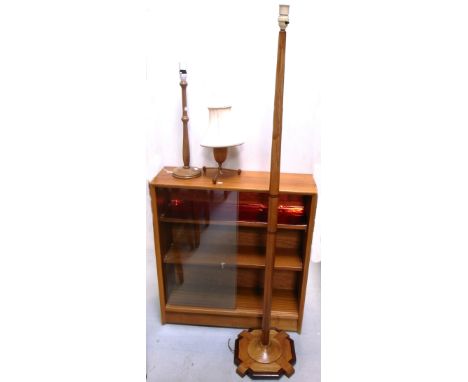A turned wood standard lamp, a small retro wood lamp, one other lamp and a modern small glazed bookcase (4).