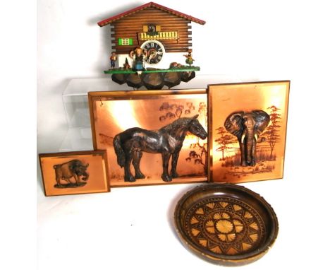 A mid 20th century cuckoo clock, three copper animal wall plaques and a wooden bowl (5).