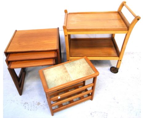 A nest of G Plan tables, a retro tile top side table and vintage pale oak tea trolley on castors (3).
