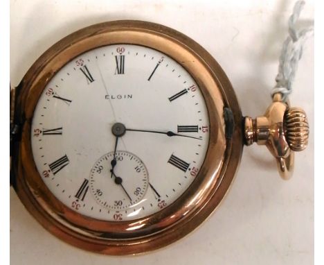 Elgin; a c.1904 gold filled hunter pocket watch with seven jewel movement, enamel dial set with Roman numerals and red second