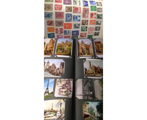 Four postcard albums containing 20th century postcards, largely depicting scenes of European cities, shipping etc, also a sma