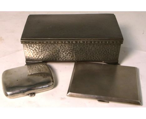 A pewter jewellery box, a George V hallmarked silver engine turned cigarette case, Birmingham 1913, and a hallmarked silver c