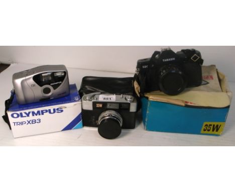 A boxed Yashica 35W range finder camera with case, a Chinese plastic camera and an Olympus Trip XB3 auto focusing compact cam