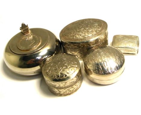 Five white metal trinket pots, various decoration and marks to include Sterling and foreign silver marks (5).