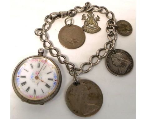 A silver fob watch, the white enamel dial set with Roman numerals.