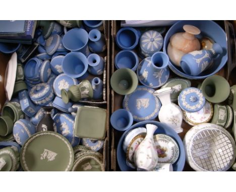 A good quantity of blue and green Wedgwood jasperware to include trinket pots, vases etc and a further quantity of modern Coa
