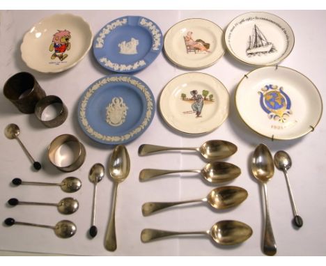 A boxed set of bean finial coffee spoons, a small quantity of plated spoons napkin rings, a miniature coal scuttle and assort