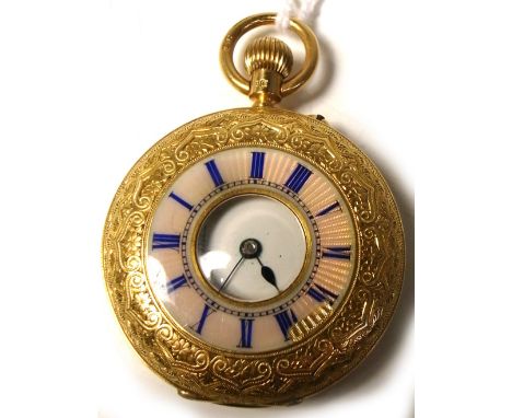A 18ct gold half hunter fob watch, dial set with Roman numerals and case set with enamel Roman numerals.