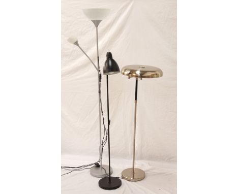 STAINLESS STEEL FLOOR LAMP
with shaped shade, and two Ikea floor lamps, one with uplighter and flexible arm, the other of adj