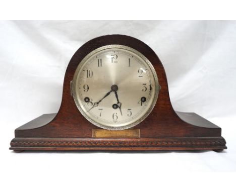 1930's OAK CASED CHIMING MANTLE CLOCK
with 'FHS' (Hermle) movement, and small plaque engraved 'I.O.G.T. Presented by Members 