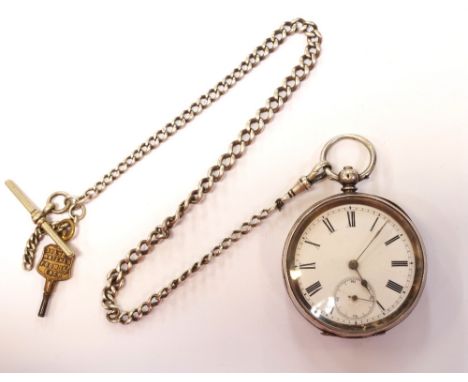 SWISS SILVER CASED POCKET WATCH
with black Roman numerals and subsidiary dial on white enamel, graduated silver Albert chain 