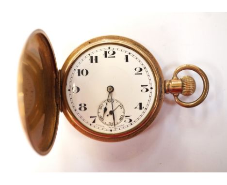 SWISS GOLD PLATED POCKET WATCH
with top winder, Arabic numerals and subsidiary dial on white enamel, the movement marked 'Der