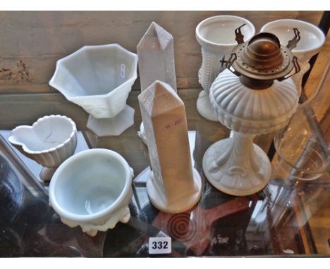 Pair of Sowerby-type milk glass Cleopatra's needle obelisks, a similar oil lamp base, pair of vases and three dishes