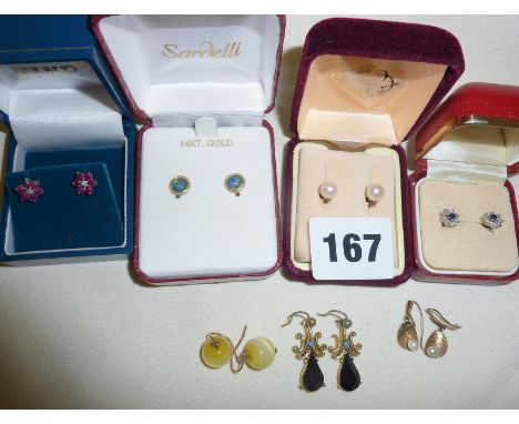 Vintage 14ct and 9ct gold earrings, some in boxes, one pair with pearls, Danish? (untested)