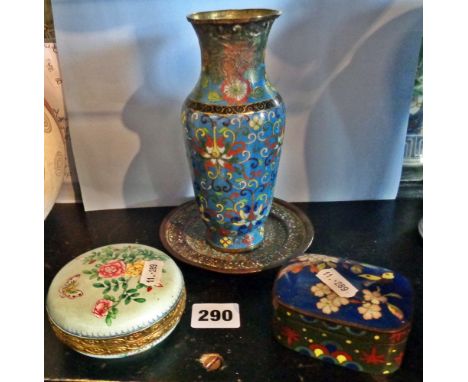 Chinese Cloisonné vase, 17cms (A/F), and two enamel boxes