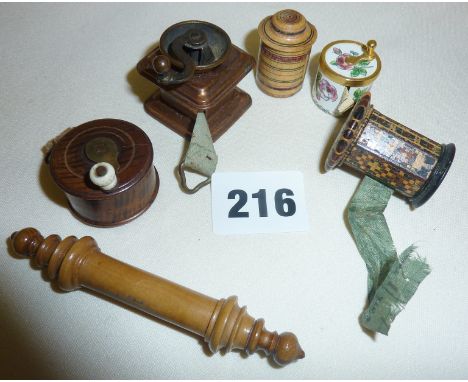 Antique novelty Treen sewing accessories, dressmaker's tape measures in the form of a coffee grinder and fishing reel includi