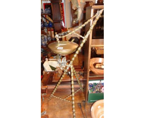 Welsh brass inglenook copper kettle on bobbin turned brass tripod stand
