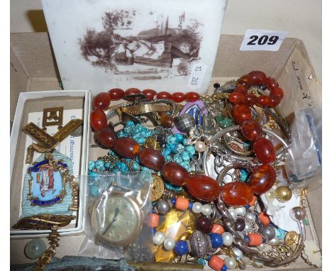 Box of assorted vintage jewellery, enamelled Masonic medal, braille watch etc