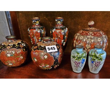 Five early 20th century Chinese Cloisonné vases and two Japanese enamel