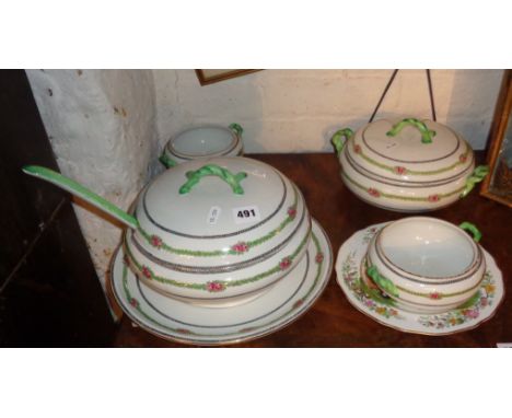 Edwardian tableware in a floral pattern including a soup tureen and ladle