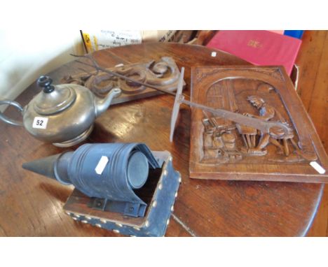 Unusual wrought iron toasting fork with decorative hand guard with incised picture of a ram, two carved wood relief panels in