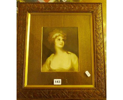 Victorian colour print portrait of a lady in carved oak frame