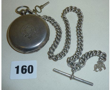 Silver cased pocket watch, hallmarked for London 1923, maker's mark 'J J', complete with silver hallmarked Albert chain and T