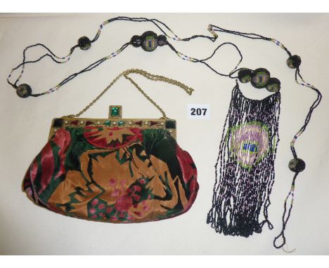 Vintage clothing and accessories: An Art Deco devore velvet evening bag with ornate handle, and an Art Deco beaded Flapper be