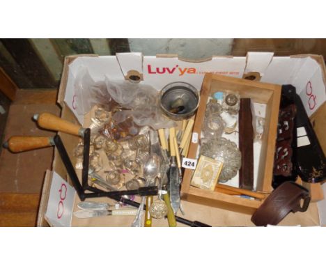 Box of assorted cutlery, two wind-out table handles, thermometer etc