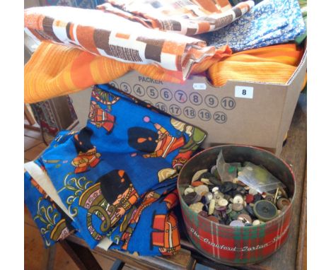 Large quantity of vintage retro 1960's and 1970's curtains and fabrics and a tin of buttons