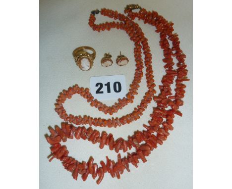 Two antique coral necklaces, and a 9ct gold cameo ring (approx Size O), together with a pair of similar 9ct gold cameo earrin