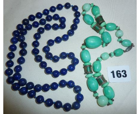 Old Chinese Jade coloured Peking glass bead necklace and a lapis lazuli beaded necklace