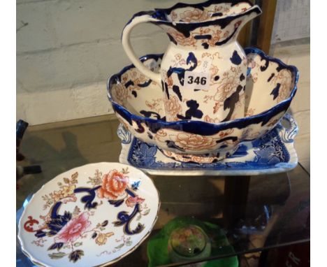Three pieces of Masons "Mandalay" pattern jug and basin, and a similar blue and white platter