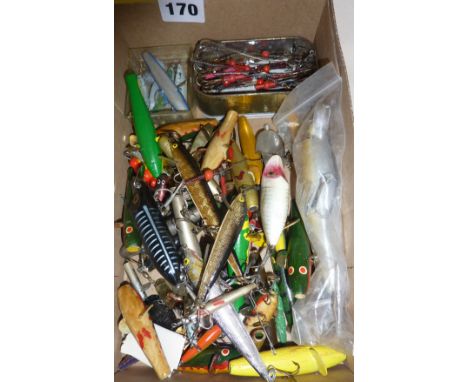 Box of vintage fishing accessories, mainly fish-shaped lures, makers include Heddon, Rapala, ABU etc