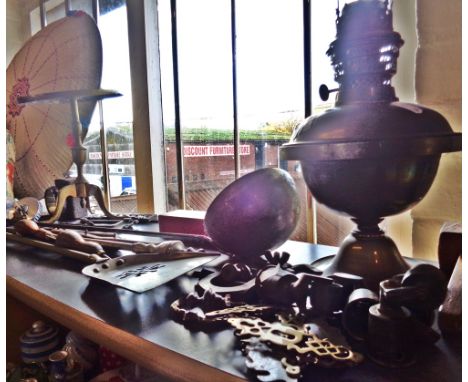 Brass oil lamp, brass trivet, large iron ladle, fire irons etc