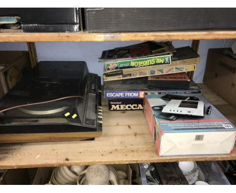 A shelf of assorted, to include a vintage hifi