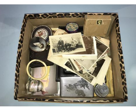 A box of assorted, to include a portrait of a miniature in yellow metal mount etc.