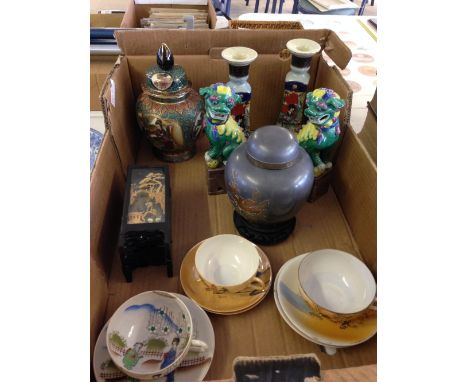 A box of oriental items to include Satsuma ginger jar & candle sticks, a pair of dogs of Fo, a pewter jar, a cork framed pict