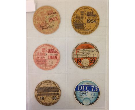 6 Classic Car Tax Discs, 1953-1973. Good to mint condition.To include - 1953 30 June Rover (Quarterly), 1954 30 September Aus